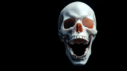 Obraz premium Realistic Skull Isolated on Black Background with Open Mouth Showing Teeth Illuminated by Frontal Lighting