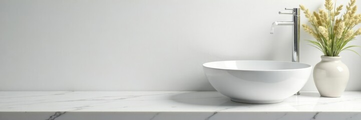 White porcelain basin sits on marble countertop, white, basin, ceramic