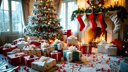 Fototapeta premium Festive Living Room Surrounded by Christmas Tree and Gifts with Cozy Fireplace Glow
