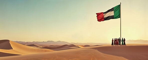 Serene desert scene with flagpole and diverse group emphasizing unity and heritage