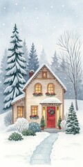 Watercolor Winter House Snowy Landscape, Cozy Cottage, Christmas Decor, illustration, painting Christmas, Watercolor