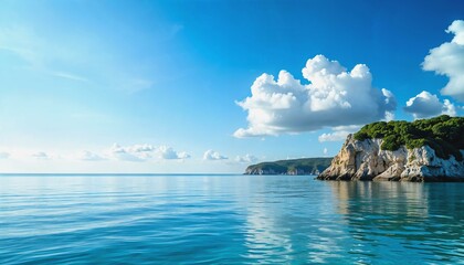 Fototapeta premium Serene coastal scene with still waters and a vibrant blue sky