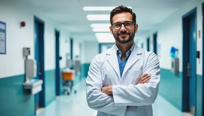 Fototapeta premium Doctor in white coat standing confidently in a bright hospital environment