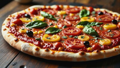 Photorealistic image of a freshly baked pizza with vibrant toppings