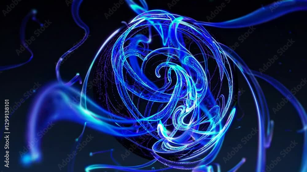 Poster abstract sphere featuring swirling light trails, creating a captivating and dynamic visual effect. p