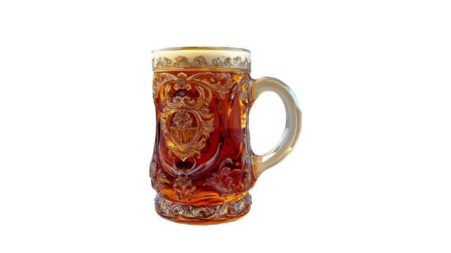 Ornate Beer Stein Amber Liquid Dark Background,