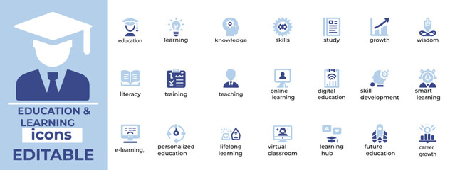 Premium Education and Learning vector icons for schools, e-learning, books, and knowledge. Perfect for web and print