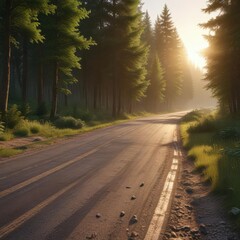 Obraz premium Wide race track disappearing into the green woods at sunset, green, wide