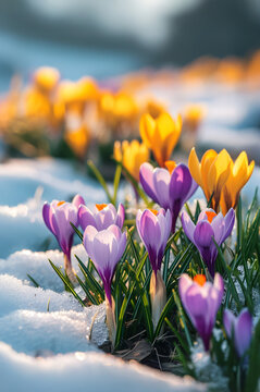 Fototapeta Colorful crocus flowers and grass growing from the melting snow and sunshine in the background. Concept of spring coming and winter leaving.