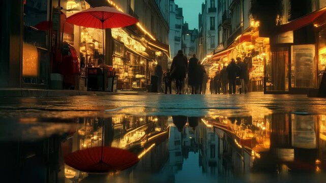 Night in Paris: Reflection of City Lights and Red Umbrella