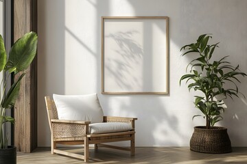 Vertical white frame Mockup wooden frame poster.