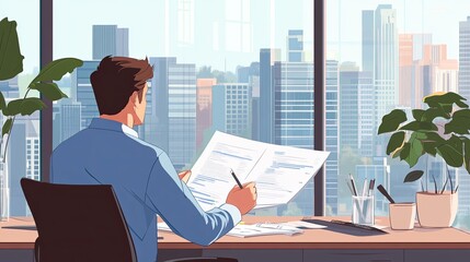 A businessman reviewing financial reports at his desk with a cityscape view digital