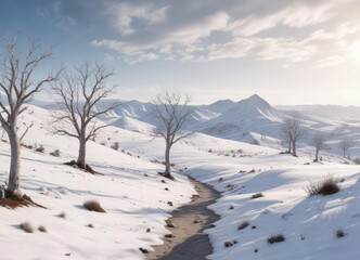 Obraz premium Winter scene with leafless trees and white hills, cool tones, cold weather, winter wonder, snowy fields