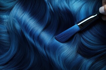 Naklejka premium A stylist expertly crafts a bold blue hair transformation for a client, enhancing their look in a sleek, modern salon.