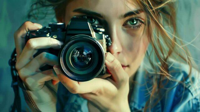 Young woman holding a camera, preparing to take a photo, with a focused expression