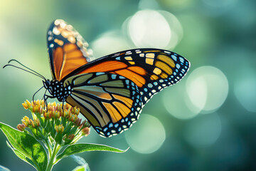 Fototapeta premium A monarch butterfly with vibrant orange and black wings delicately rests on a cluster of yellow flowers.