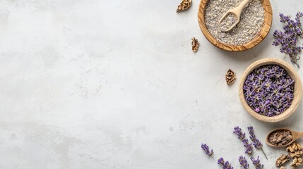 Lavender, oats, and nuts for skincare; ingredients on textured background; DIY beauty recipe