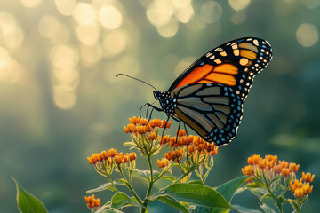 Obraz premium A monarch butterfly with orange and black wings delicately feeding on vibrant yellow flowers in a sunlit garden.
