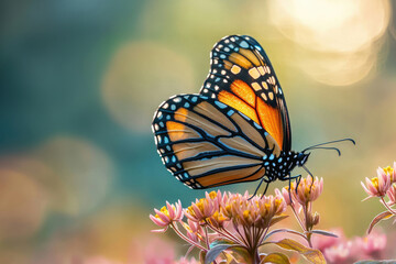 Obraz premium A Monarch butterfly with orange and black wings delicately rests on vibrant pink flowers, bathed in warm sunlight.