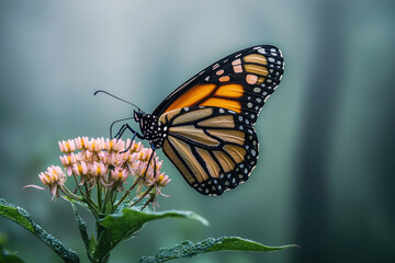 A monarch butterfly with orange and black wings delicately feeds on a cluster of pale pink flowers.