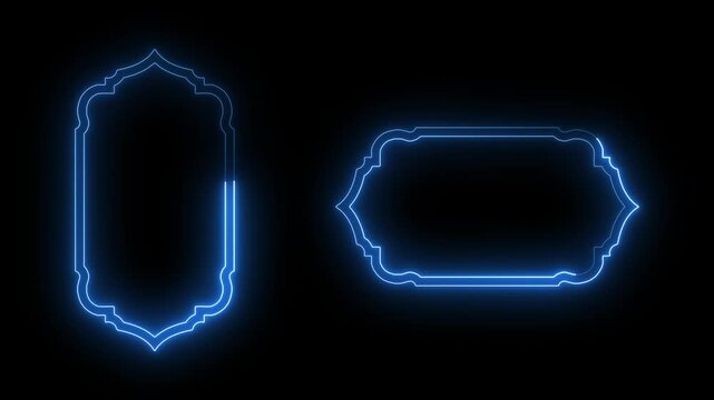 Neon line traditional islamic window frame in oriental style animation, decorative arches frame, mosque borders or moroccan gates Arabic muslim architecture design elements frame