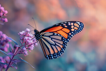 Fototapeta premium A monarch butterfly with vibrant orange and black wings delicately feeding on soft pink flowers.