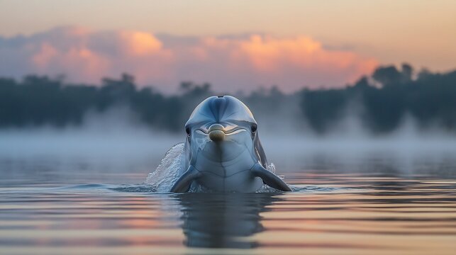 Rare Irrawaddy Dolphin surfacing in a misty river at dawn its round head and friendly eyes breaking the calm water pink clouds reflecting on the surface