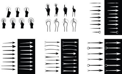 Black & White Vector Graphics: Hand Gestures (Touch, Pointing) & Arrow Set - Minimalist Design Elements for Graphic Design & UI/UX Projects