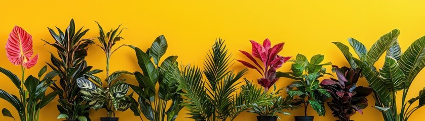Fototapeta premium Tropical plants against yellow wall; home decor