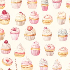 Sweet Dreams: Cute Seamless Pattern of Desserts in Pastel Tones
