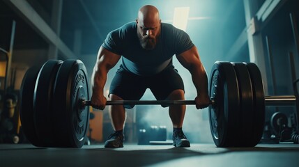 A dedicated athlete focuses intensely as he prepares to lift a heavily loaded barbell in a shadowy gym