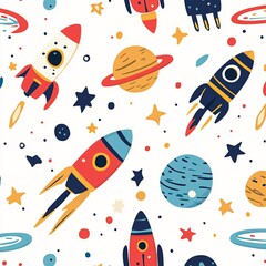 Cosmic Adventures Seamless Pattern for Kids Products - Rockets, Planets, Stars Playful Design