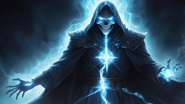 A ghost with a cracked mask and glowing blue aura, facing off against a powerful exorcist in an intense battle.

