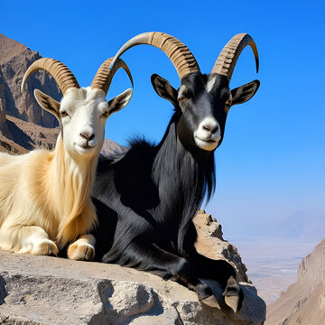 Tajik screw-horned goat (Markhur) with beautiful unusual horns with his female sitting on the edge of a cliff on a sunny day. Animals, mammals, predators.