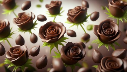 Chocolate roses with elegant chocolate leaves and stems gracefully cascading through the air in a whimsical display