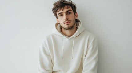 Obraz premium Young man in cream hoodie, indoor portrait
