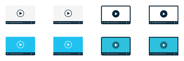Set of flat video player template. Modern flat video player, video multimedia player mockup. Video players for web. Video player template with simple buttons. Vector illustration.