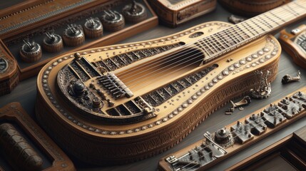 Ornate antique guitar surrounded by vintage mechanical devices