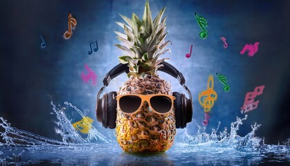 Dancing pineapple illuminated by fireflies surrounded by vibrant music notes in a surreal melting landscape of digital art creativity