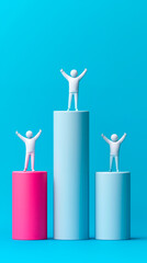 Three people standing on top of a pink and blue bar chart