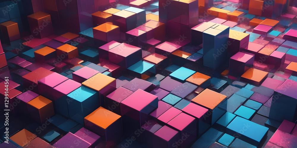 Poster colorful cubic abstraction: a vibrant array of multi-colored cubes and blocks creates a dynamic and 