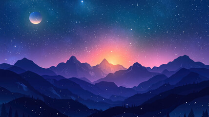 Scenic mountain landscape at sunset with glowing sun, starry sky, atmospheric mist, layered hills, and dreamy twilight colors, perfect for nature, adventure, tranquility, and fantasy-themed designs.