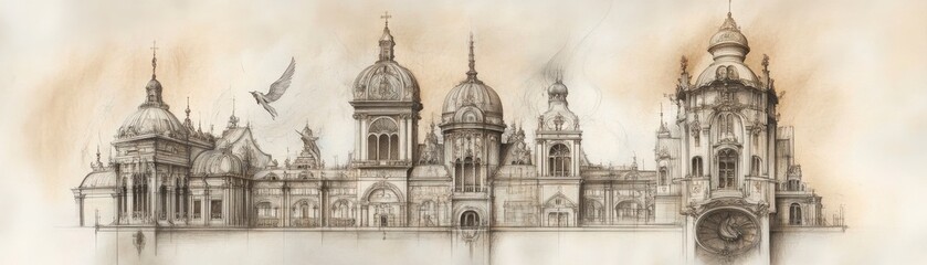 Sepia Cityscape Sketch Detailed Ink Drawing of Old Town Architecture