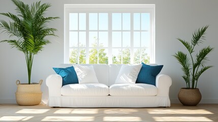 Bright living room with white sofa and plants