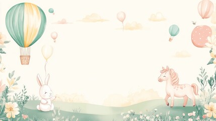 Pastel animals, hot air balloons, meadow scene
