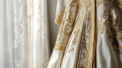 Elegant Wedding Dress with Gold Embroidery and Soft Lighting Against a White Curtain Background