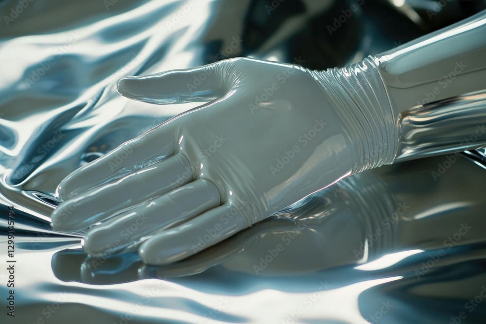 Poster a close-up view of a glossy, white gloved hand resting on a reflective metallic surface.