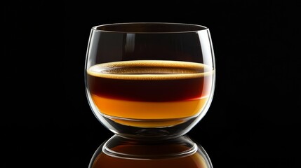 Glass cup filled with rich espresso, showcasing its deep color and crema layer. 