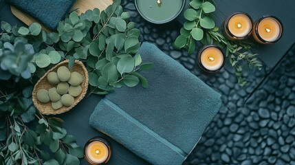 Luxurious spa setup with towels, candles, and eucalyptus leaves digital
