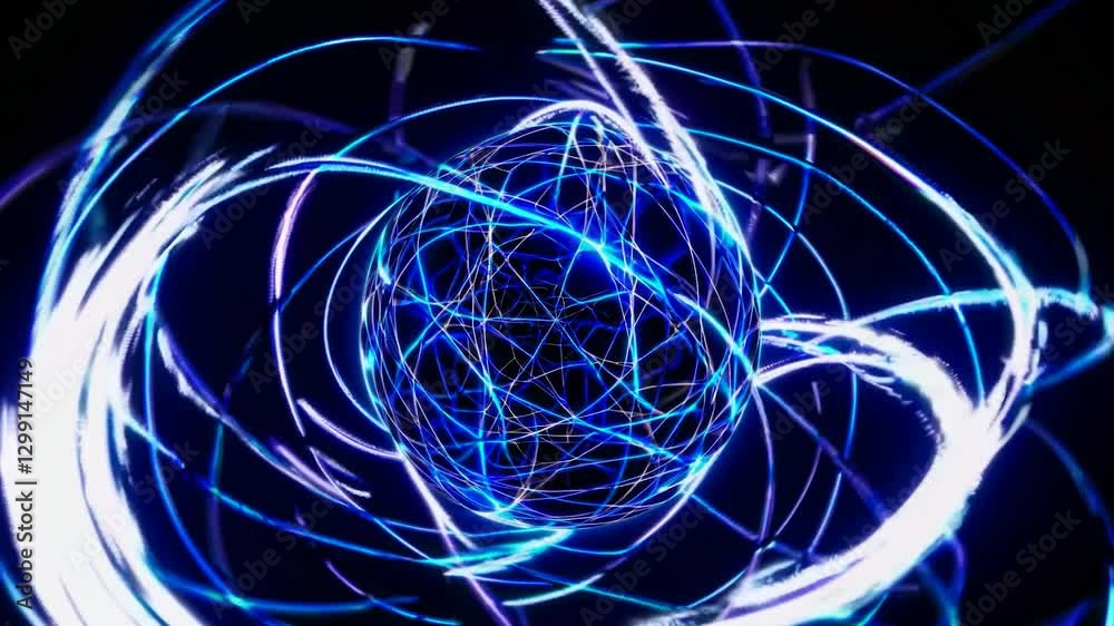 Poster bright blue and white plasma sphere rotating against a black background, generating dynamic energy t